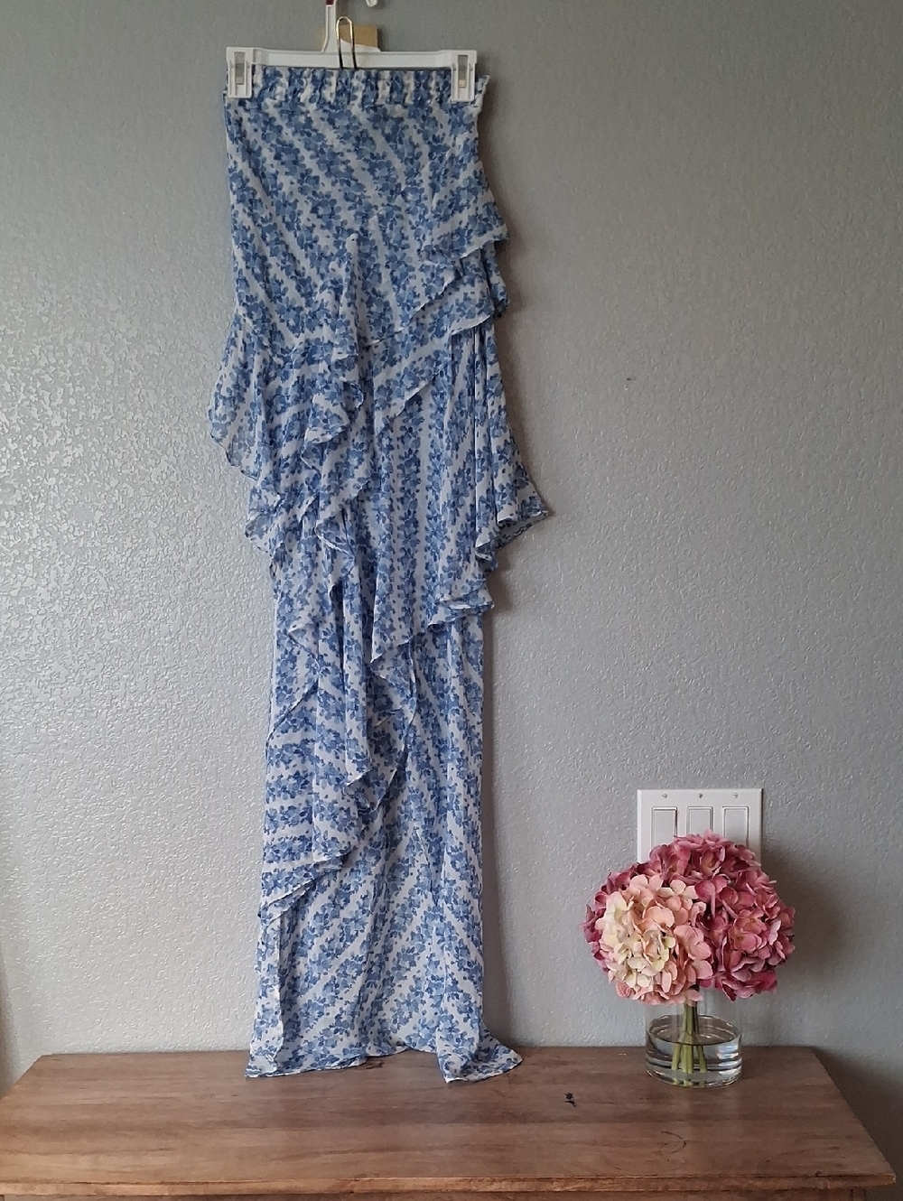 MISA Los Angeles Nadia Strapless Smocked Ruffle Maxi Dress Blue White Floral
